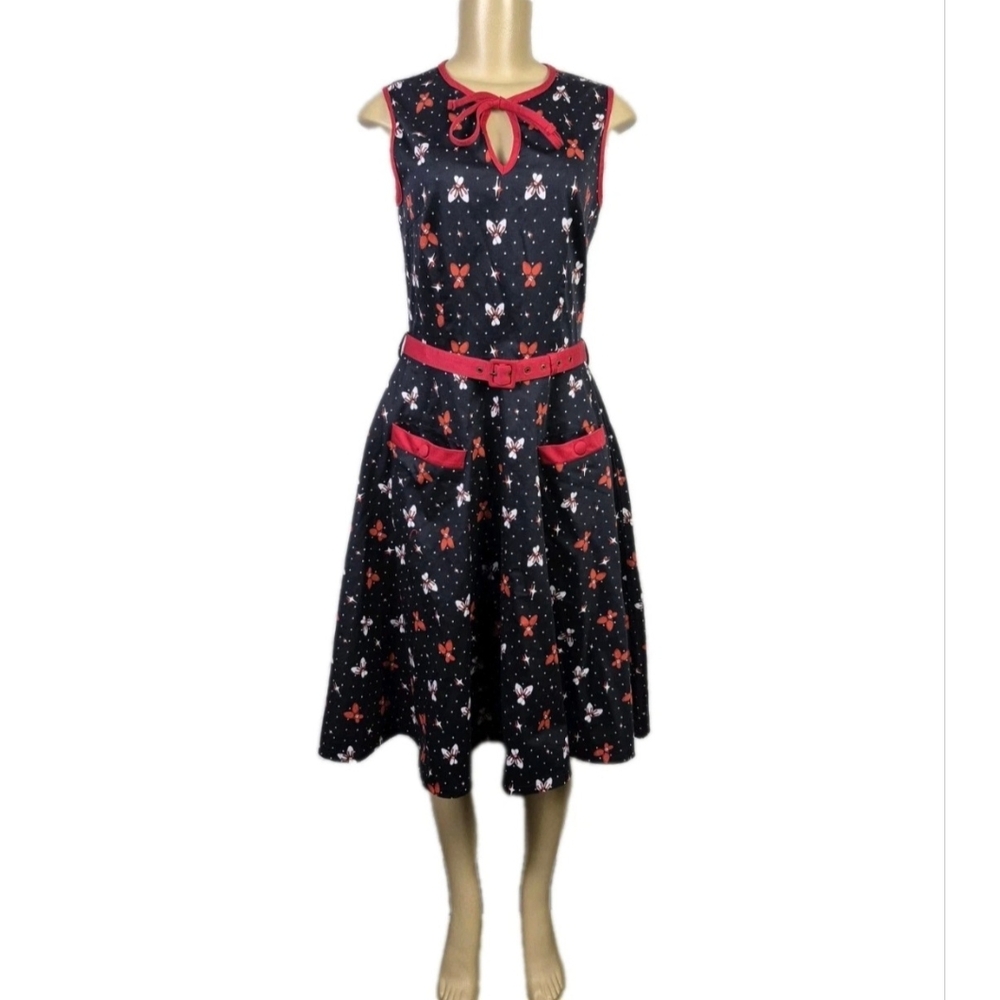 Voodoo Vixen Med Black & Red Trim Belted Bowling Pin Midi Dress Pinup Rockabilly